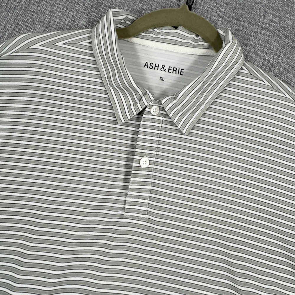 Ash & Erie Polo Shirt Mens XL Gray White Striped Stretch Performance Golf Preppy